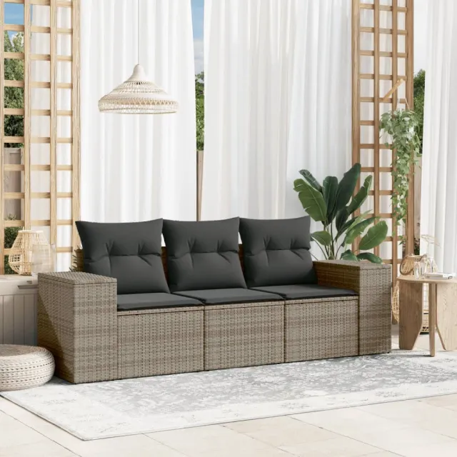 vidaXL 3-delige Loungeset met kussens poly rattan grijs, foto 2