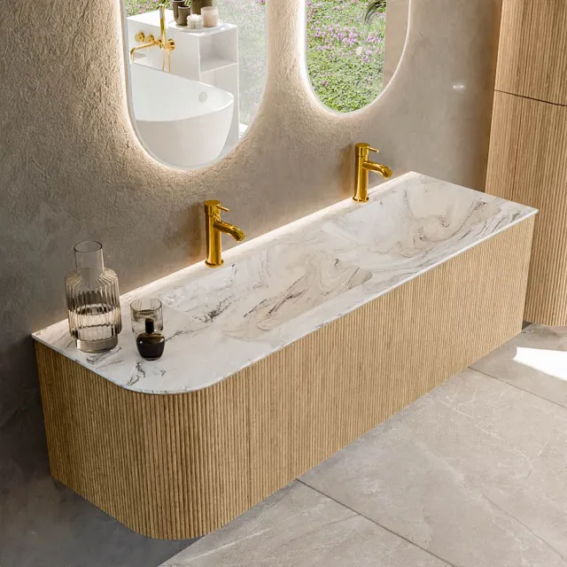 Mondiaz KURVE-DLUX 145 cm Onderkast Greeploos 1 Lade Met Deuren Oak, Wastafel Solid Surface Rechts Glace 2 Kraangaten Zonder Spiegel (KRVLEA145L1L1D2KD-Oak/Gla)