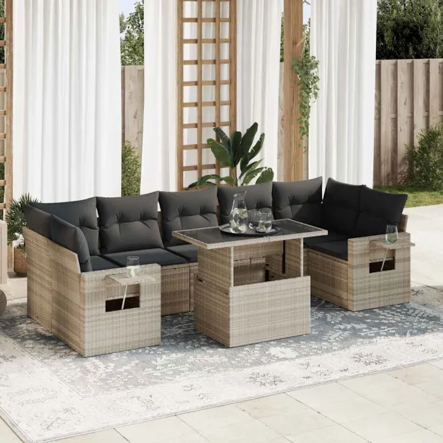 vidaXL 8-delige Loungeset met kussens poly rattan lichtgrijs grijs, foto 2