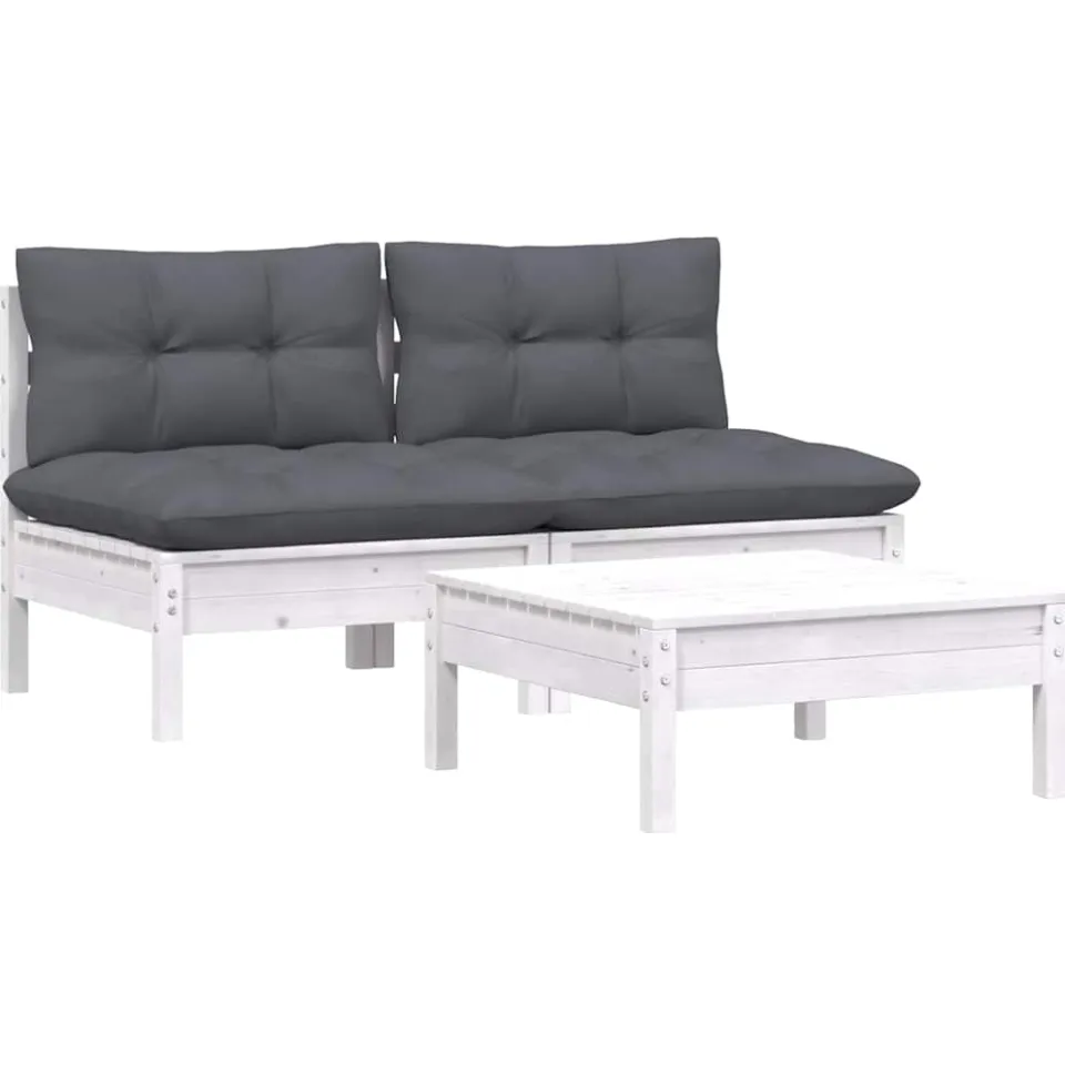 vidaXL 3-delige Loungeset met antracietkleurige kussens grenenhout Wit