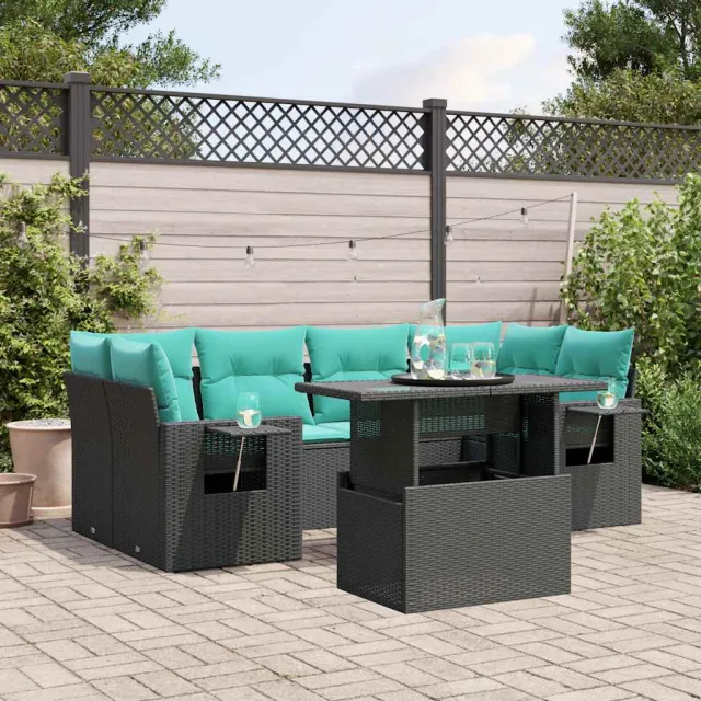 vidaXL 7-delige tuinbankset met kussens van zwart polyrotan, foto 2