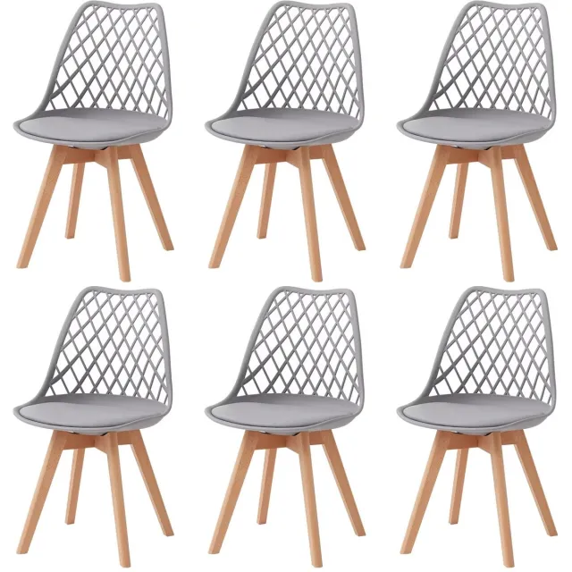 Whoopr® Set van 6 Eetkamerstoelen – Moderne Gestoffeerde Stoelen met Mesh Rugleuning & Massief Houten Poten – Comfortabele Keukenstoelen voor Eetkamer, Woonkamer & Café Grijs