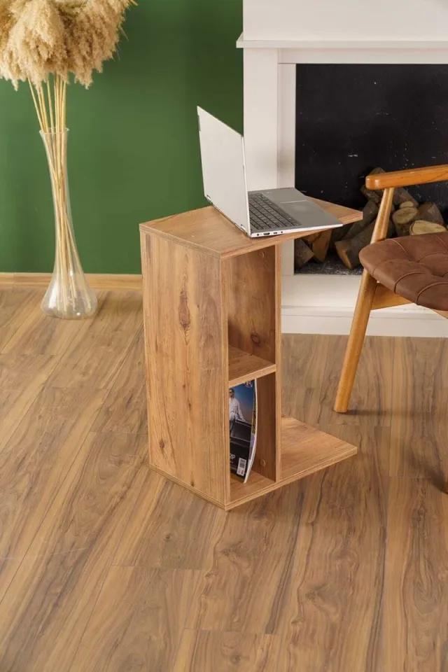 Intergas Dubbelzijdig gebruik - Bijzettafel met planken - Banktafel - Sofa bijzettafel - C-tafel - Nesttafels - Serveerbladtafel - Pijnboom - 64x29x44 cm
