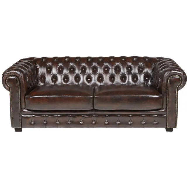 Vente-unique Driezitsbank Chesterfield BRENTON 100% buffelleer - bruin tinten Donkerbruin