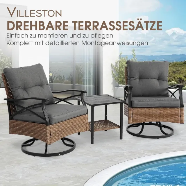 Laura 3-delige Rotan Tuinset met Draaistoelen en Tafel – 360° Draaibare Loungeset 64 x 58 x 82 cm – Inclusief Kussens en Glazen Tafel met Opbergruimte – Weerbestendig Staal Frame – Grijs – Laura