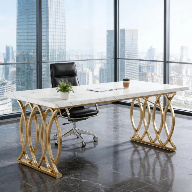 MODENUIT Bureau - Groot Werkblad Voor Kantoor En Overleg - Marmerlook En Metaal - Wit Goud - 160x80x75 Cm Gold+White