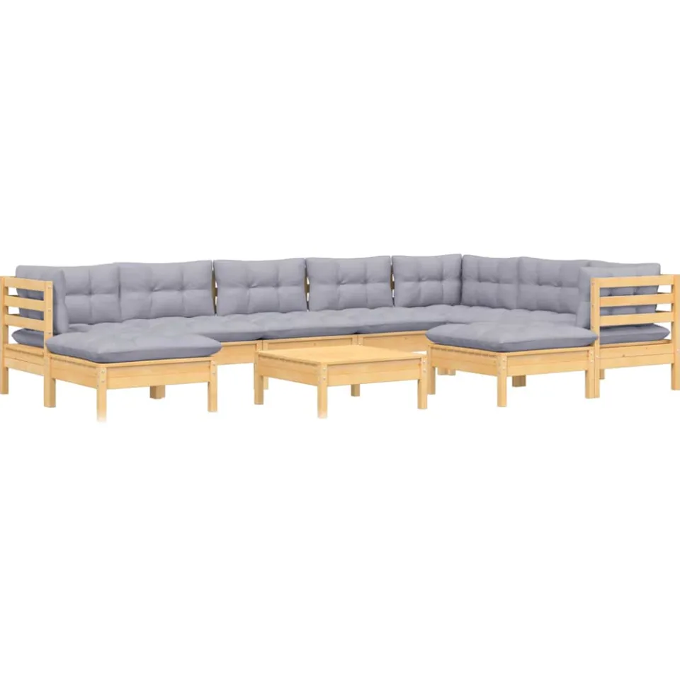 vidaXL 10-delige Loungeset met grijze kussens massief grenenhout Grijs