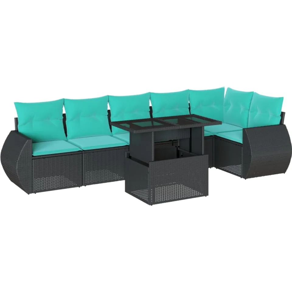 vidaXL 7-delige tuinbankset met kussens van zwart polyrotan, foto 3