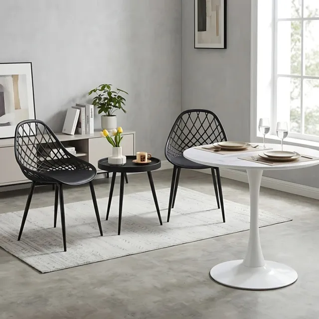 EGGREE Combinatieset: 3-delige tafel- en stoelenset + Ronde Marmerkleurige eettafel - Salontafel bijzettafel - Geschikt voor woonkamer, slaapkamer, lounge, eetkamer en kantoor - 80 x 80 x 73 cm - Tafelblad met gesplitst ontwerp zwart