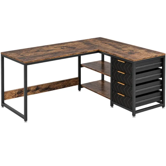 Sellino Computerbureau - L-vormig bureau - 4 lades en opbergplanken - Metaal - Bruin - 150 x 75 x 55 cm