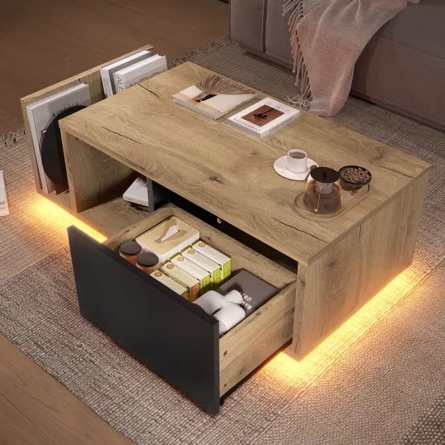 MEUNIQ Salontafel 99,5 x 53 x 38 cm met LED-verlichting, lade en open vak, retro hout-metaal tafel met opbergruimte voor woonkamer, naturel Natuurlijk