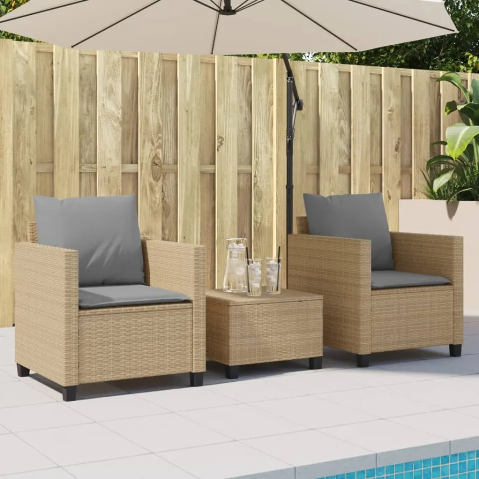 vidaXL 3-delige Bistroset met kussens poly rattan beige, foto 2