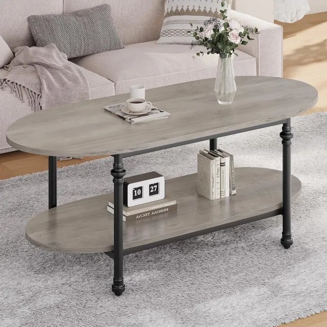 HOERFURIY Ovale Salontafel met Opbergruimte - 2 Lagen - Modern Industrieel Design - Romeinse Zuil Poten - Grijs Hout & Metaal - 120 cm
