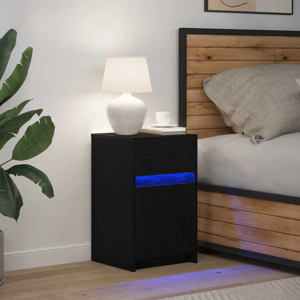 vidaXL LED Bedside Kast Zwart eiken 38 x 34 x 61 cm Bewerkt hout, foto 3