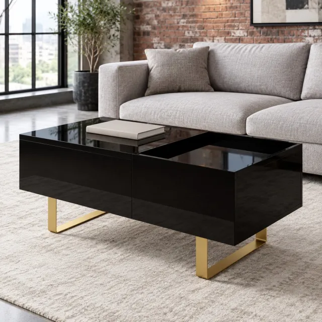 Wishdor Salontafel - Hydraulisch verstelbaar tafelblad - Verborgen vak en lade - Modern hoogglans design - Voor de woonkamer - MDF met ijzeren U-poten - Zwart en goudkleurig - 100 x 50 x 54,5 cm