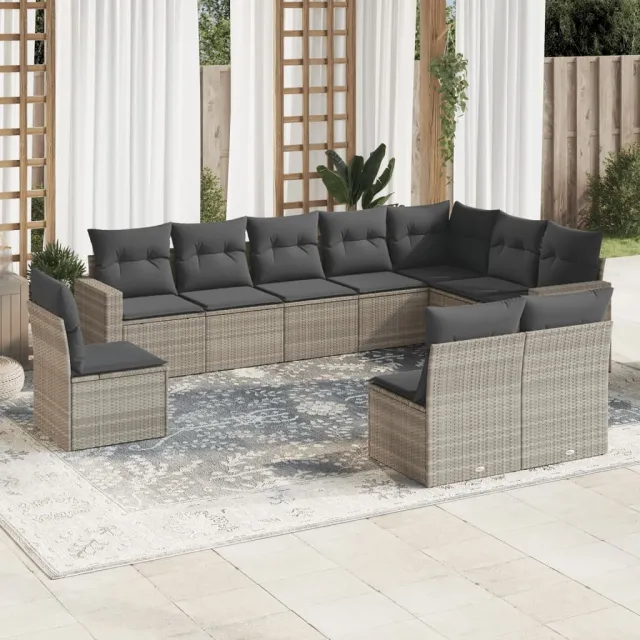 vidaXL 10-delige Loungeset met kussens poly rattan lichtgrijs grijs, foto 2