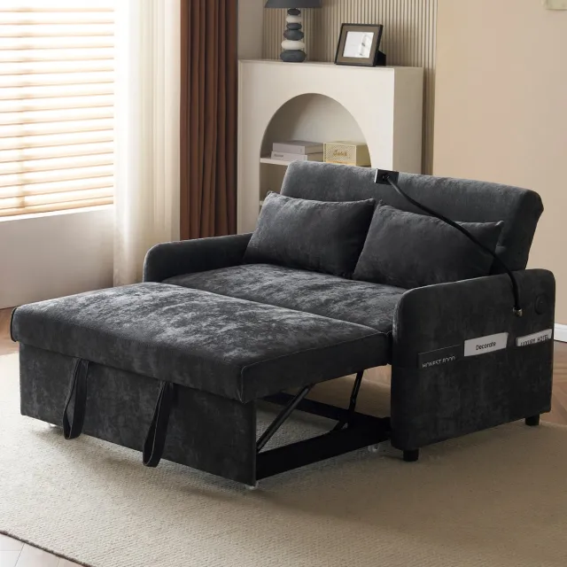 COVREO Slaapbank 129 cm – 2-zits, grijs chenille, verstelbare rugleuning, USB-poort Donkergrijs