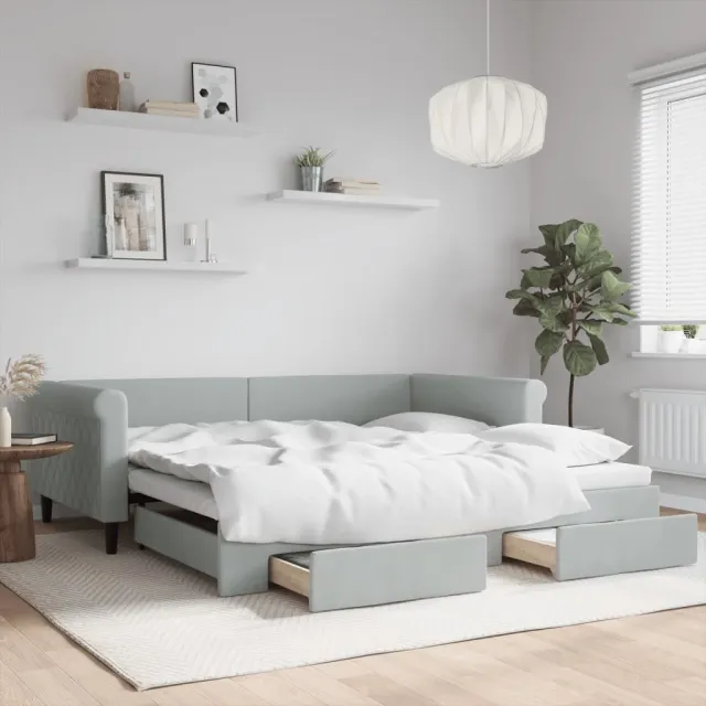 vidaXL Slaapbank onderschuifbed en lades 100x200 cm fluweel lichtgrijs grijs