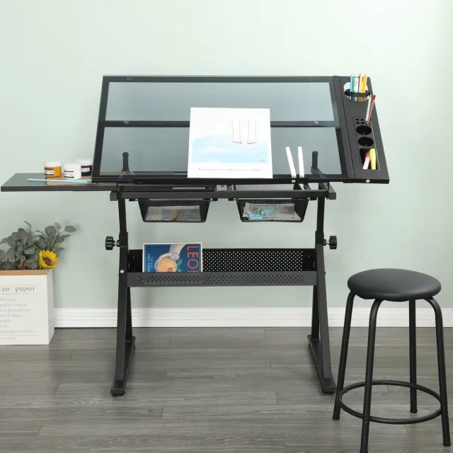 Wishdor Tekentafel Met Kruk - Kantelbaar Glazen Tafelblad En Opbergladen - Voor Tekenen - MDF En Metaal - Zwart