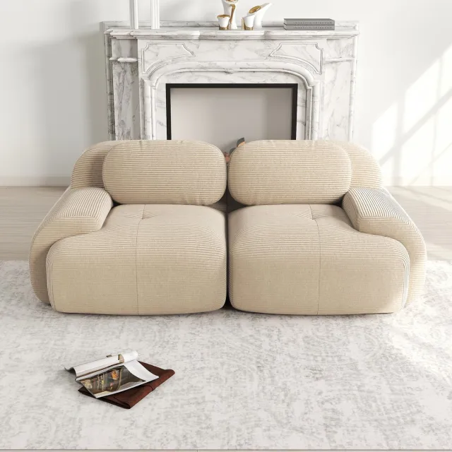 MEUNIQ 2-zits modulaire bank 208 x 103 x 70 cm in beige cordstof, zonder frame, met afgeronde armleuningen en antislip onderzijde voor woonkamer en slaapkamer