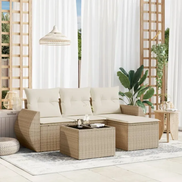 vidaXL 5-delige Loungeset met kussens poly rattan beige, foto 2