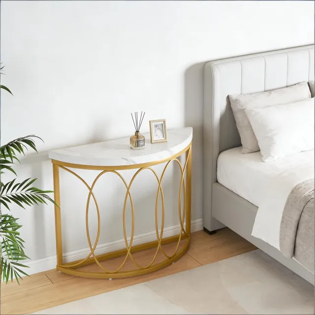 WUVRIE Halvemaanvormige sidetable 110x35x80 cm - Kunstmarmeren blad en metalen frame - Goud/wit
