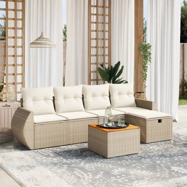 vidaXL 6-delige Loungeset met kussens poly rattan beige, foto 2