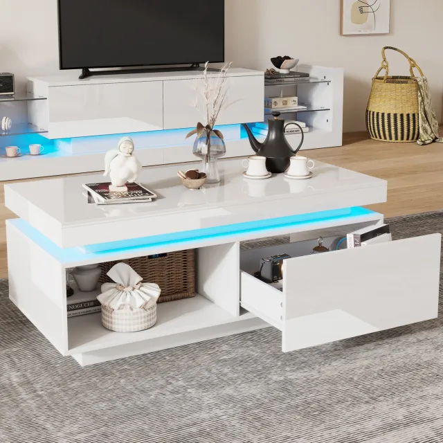 CHICFURN Salontafel - LED-verlichting - 1 lade - Hoogglans - Wit