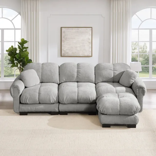 OKWISH Hoekbank 260 x 149 x 90 cm - 3-Zits L-Vorm Met Verplaatsbare Ottomane En 2 Sierkussens - Voor Woonkamer - Chenille - Lichtgrijs