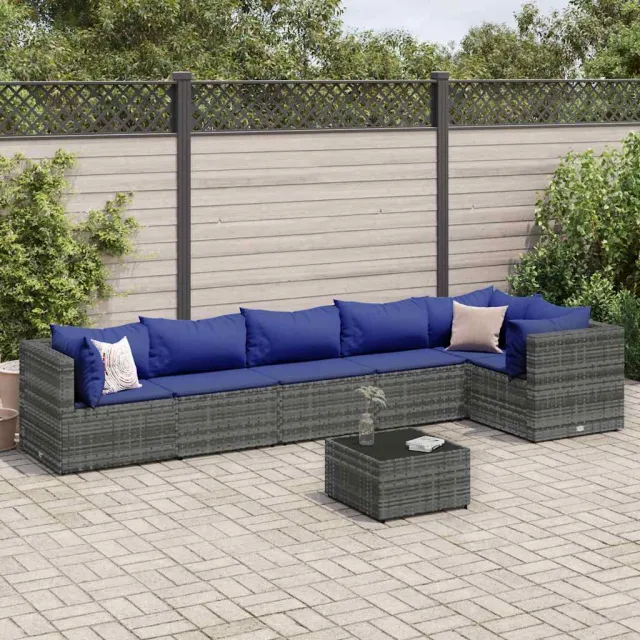 vidaXL 7-delige Loungeset met kussens poly rattan grijs, foto 2