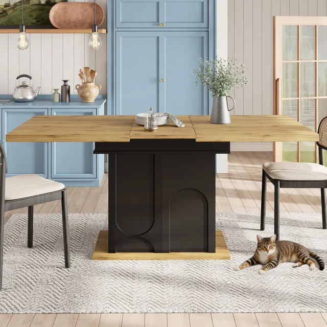 REDOM Eettafel - Uitschuifbaar - Met opbergkast en soft-close scharnieren - Modern - Keuken en woonkamer - MDF en metaal - Zwart en naturel - 110-140 x 80 x 76 cm