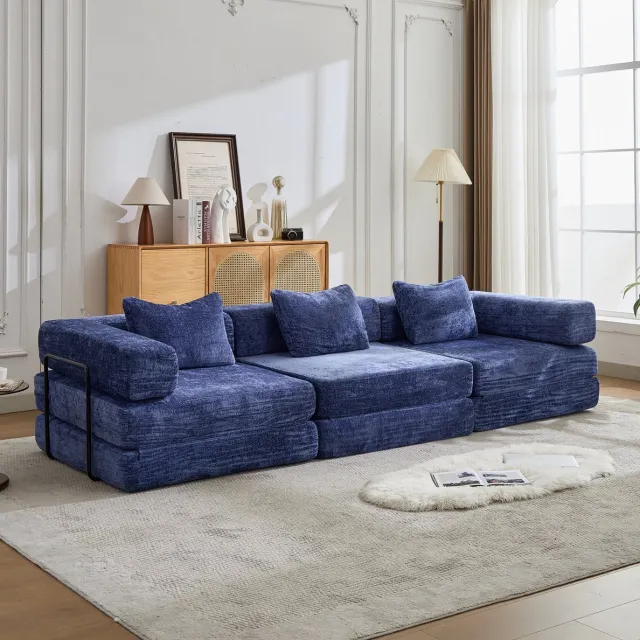 HAUSS SPOLE Slaapbank - Opvouwbare Modulaire Vloerbank - 3-Zits - Zonder Montage - Voor Woonkamer En Slaapkamer - Chenille Donkerblauw