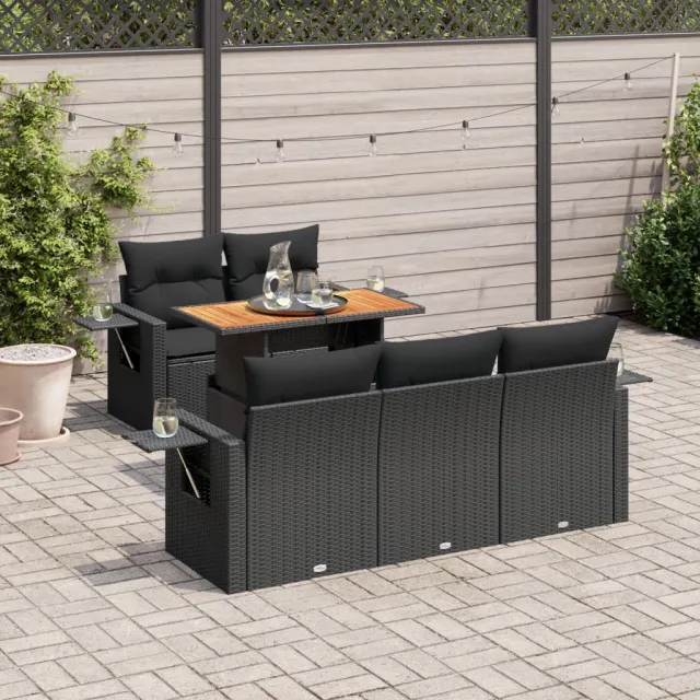 vidaXL 6-delige Loungeset met kussens poly rattan zwart, foto 2