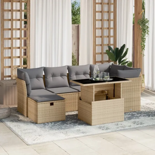 vidaXL 7-delige Loungeset met kussens poly rattan beige, foto 2