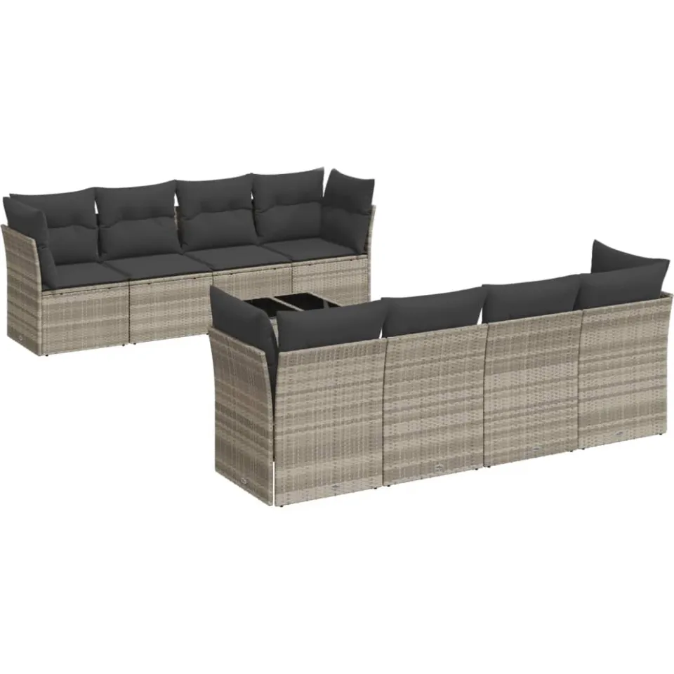 vidaXL 9-delige Loungeset met kussens poly rattan lichtgrijs grijs