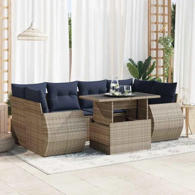 vidaXL 7-delige Loungeset met kussens poly rattan grijs, foto 2