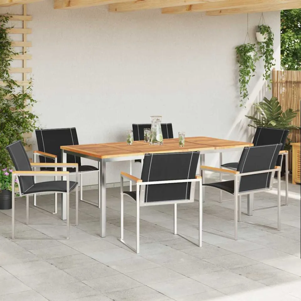vidaXL Tuin eettafelset 7 st Massief acaciahout en roestvrij staal, foto 3