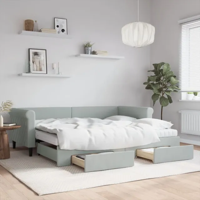 vidaXL Slaapbank onderschuifbed en lades 90x200 cm fluweel lichtgrijs grijs