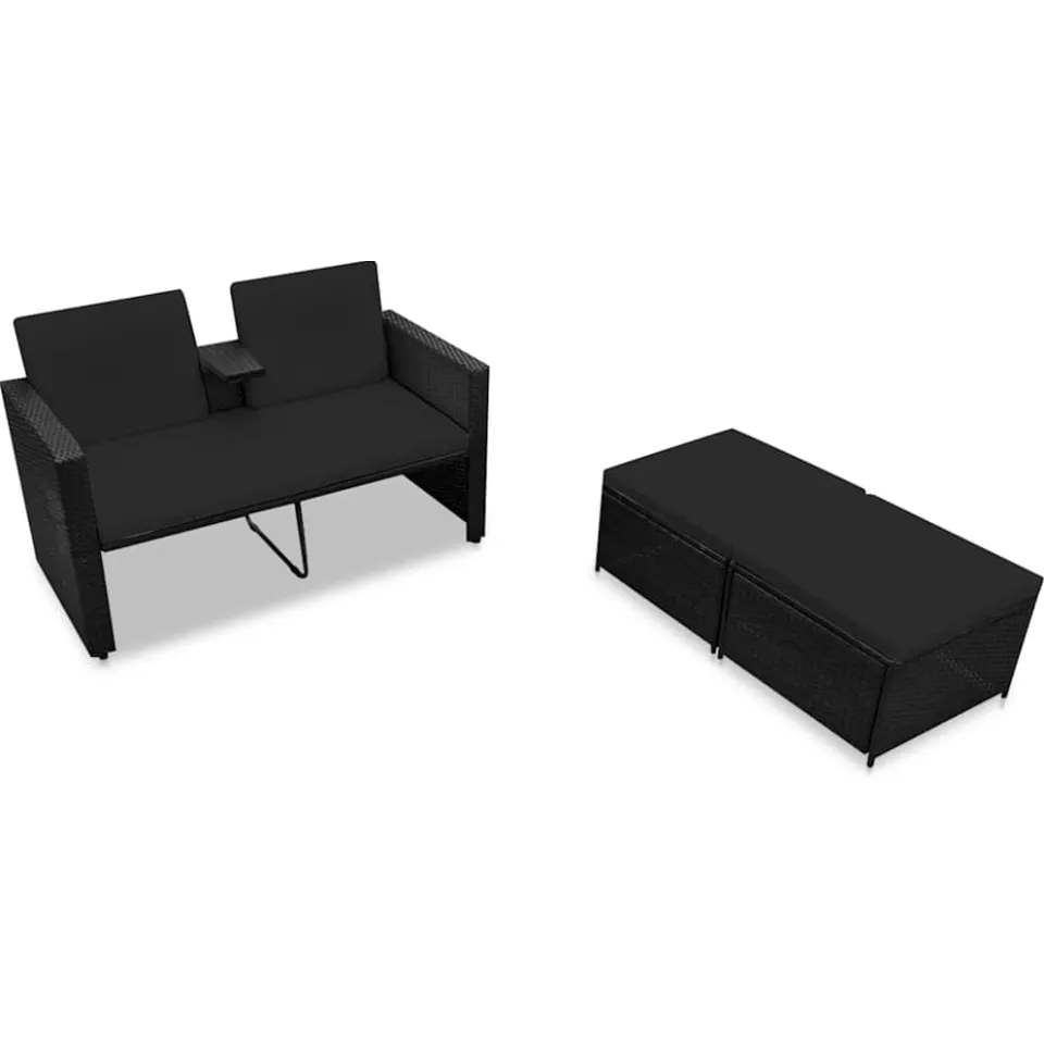 vidaXL 3-delige Loungeset met kussens poly rattan zwart