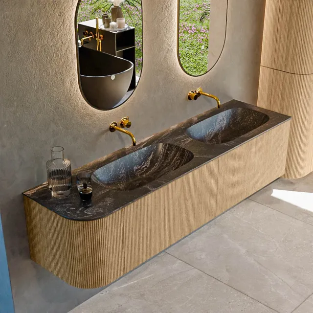 Mondiaz KURVE-DLUX 175 cm Onderkast Greeploos 2 Lades Met Deuren Oak, Wastafel Solid Surface Rechts Lava 0 Kraangaten Zonder Spiegel (KRVSTS175L2L1D0KD-Oak/Lav)