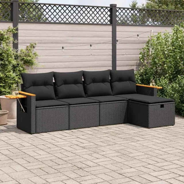 vidaXL 5-delige Loungeset met kussens poly rattan zwart, foto 2