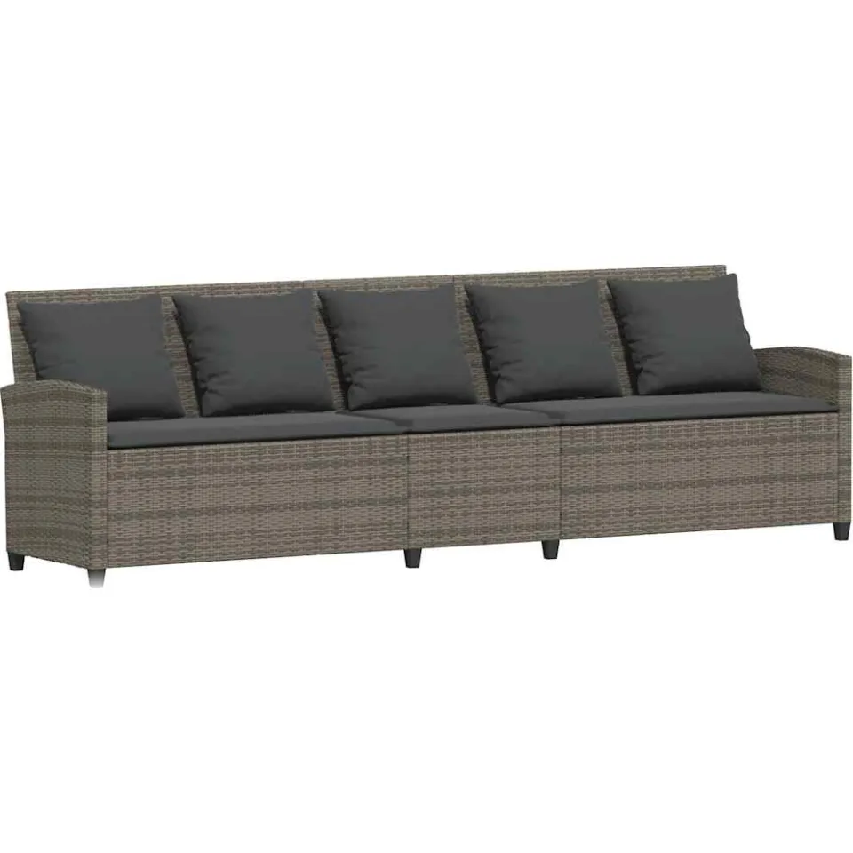 vidaXL Tuinbank 5-zits met kussens poly rattan grijs
