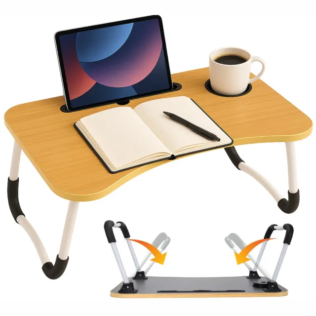 Cheqo Opklapbare Laptoptafel - Ontbijt op Bed Tafel - Bedtafel met Tablethouder - Bank Tafeltje - Banktafel - Ontbijttafeltje - Hout Bruin