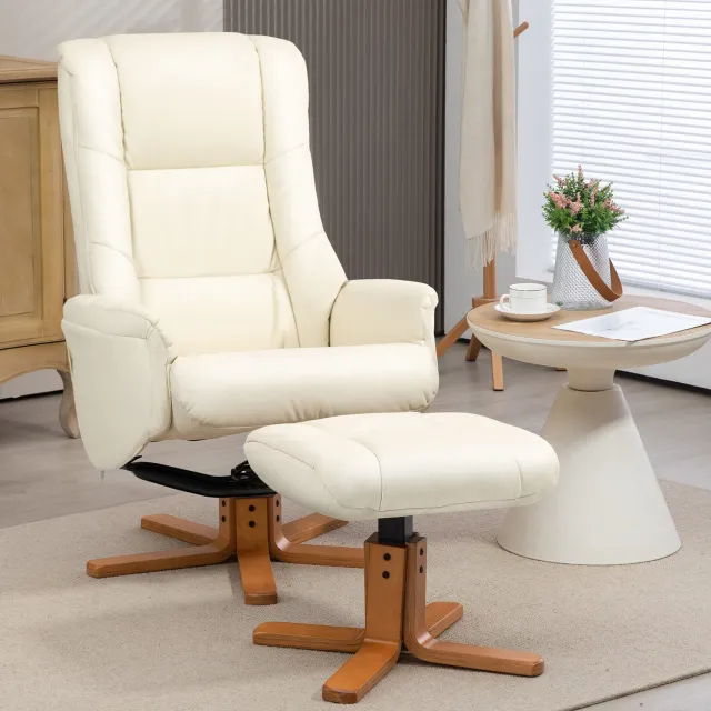 HAUSS SPOLE Relaxfauteuil met Hocker - Verstelbare Rugleuning tot 135 Graden en Wipfunctie - voor Woonkamer en Slaapkamer - Kunstleer - Crèmewit