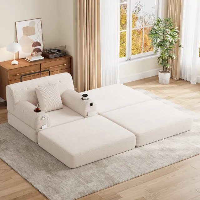 Wishdor Fauteuil - 1-zits slaapfauteuil met hocker en bekerhouders - Scandinavisch - woonkamer of logeerkamer - cord stof en metaal - beige - 162 x 107 x 81 cm