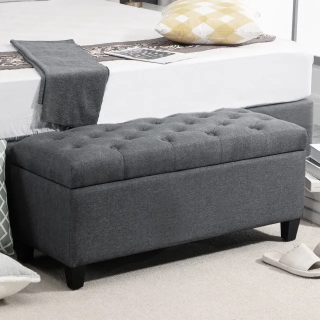 MEUNIQ opbergbank 100 x 40 x 44 cm met opklapbare zitting en opbergruimte, gecapitonneerde zitbank voor hal of woonkamer, polyester en rubberhout, donkergrijs