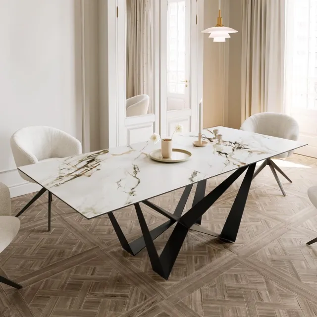DELIFE Eetkamertafel Edge keramiek Calacatta Luxe wit-goud-grijs 180-220x100 spider vlak staal zwart uitschuifbaar Weiß-Gold-Grau