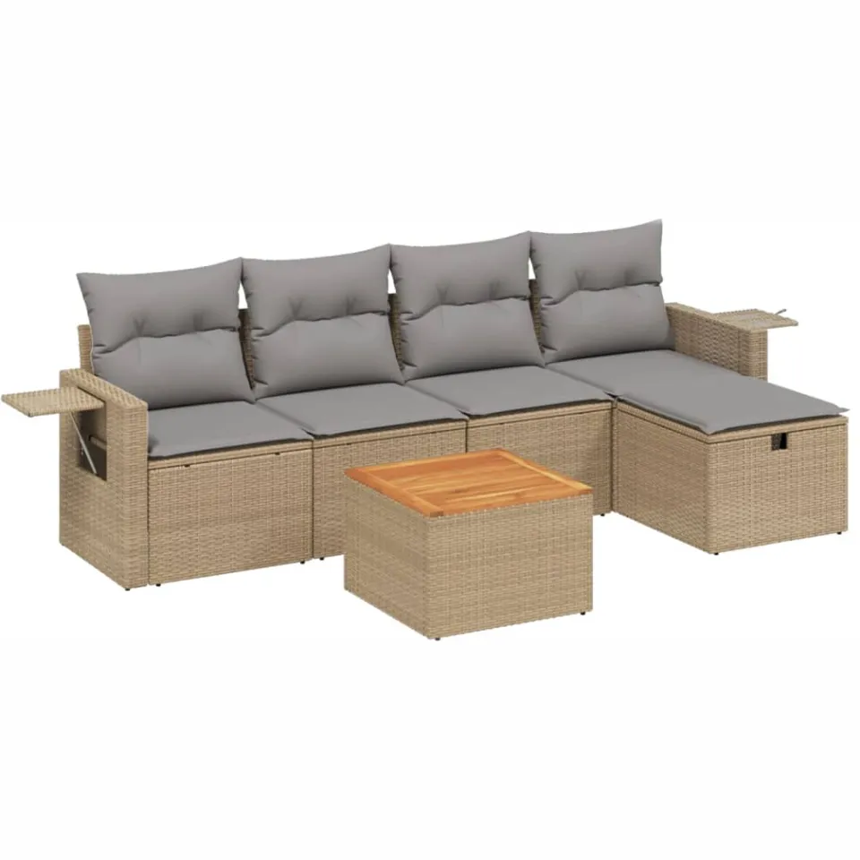 vidaXL 6-delige Loungeset met kussens poly rattan gemengd beige, foto 3