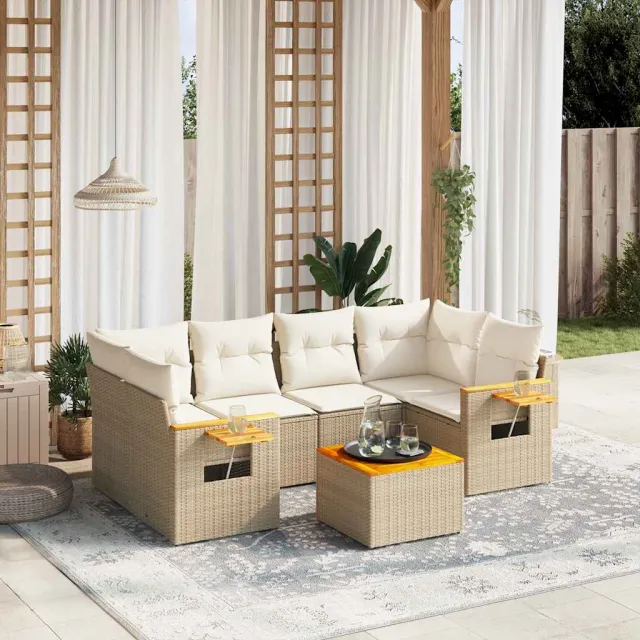 vidaXL 7-delige Loungeset met kussens poly rattan beige, foto 2