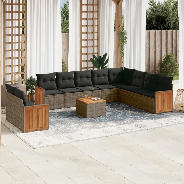 vidaXL 11-delige Loungeset met kussens poly rattan grijs